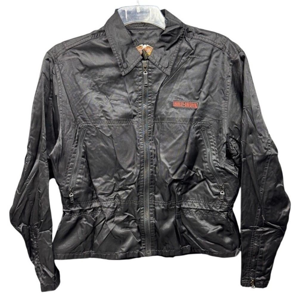 Harley Davidson Black Nylon Motorcycle Jacket XL Embroidered Logo Cinch‎ Waist